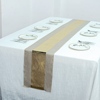 Taupe Gold Foil Center Rustic Faux Burlap Cloth Table Runner - Add Elegance to Your Table