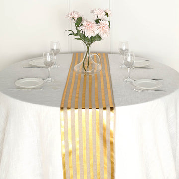 12"x108" Taupe Gold Foil Stripes Rustic Faux Burlap Cloth Table Runner