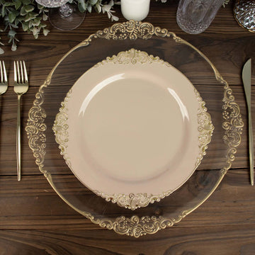 10 Pack 10" Taupe Plastic Party Plates With Gold Leaf Embossed Baroque Rim, Round Disposable Dinner Plates