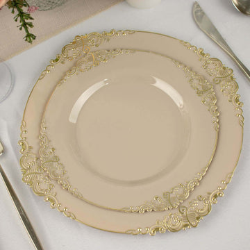 10 Pack 8" Taupe Plastic Salad Plates With Gold Leaf Embossed Baroque Rim, Round Disposable Appetizer Dessert Plates