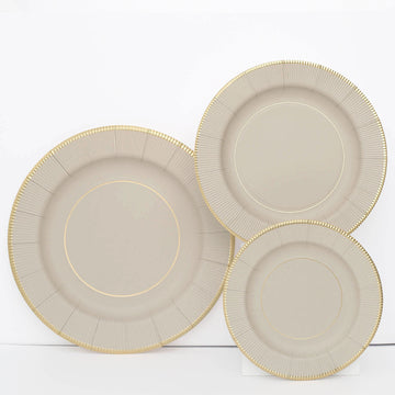 25 Pack 10" Taupe Gold Rim Sunray Disposable Dinner Plates, Heavy Duty Paper Party Plates - 350 GSM