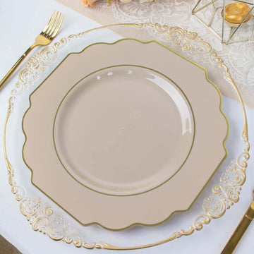 10 Pack 11" Taupe Heavy Duty Disposable Baroque Dinner Plates with Gold Rim, Hard Plastic Dinnerware