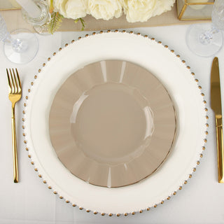 9" Taupe Heavy Duty Disposable Dinner Plates with Gold Ruffled Rim