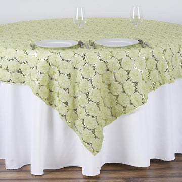 72"x72" Tea Green Satin 3D Blossoms Sequin Lace Square Table Overlay