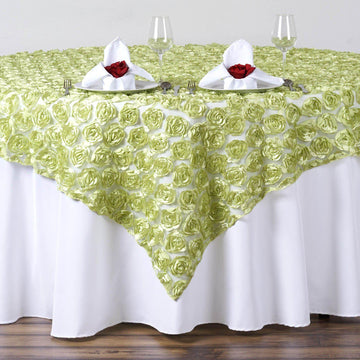 72"x72" Tea Green Satin 3D Rosette Lace Square Table Overlay