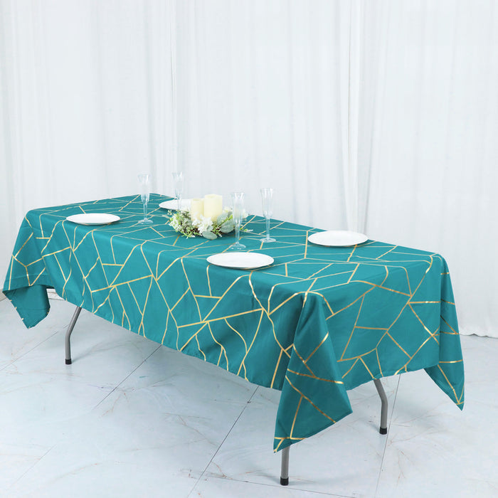 60x102inch Teal Rectangle Polyester Tablecloth With Gold Foil Geometric Pattern
