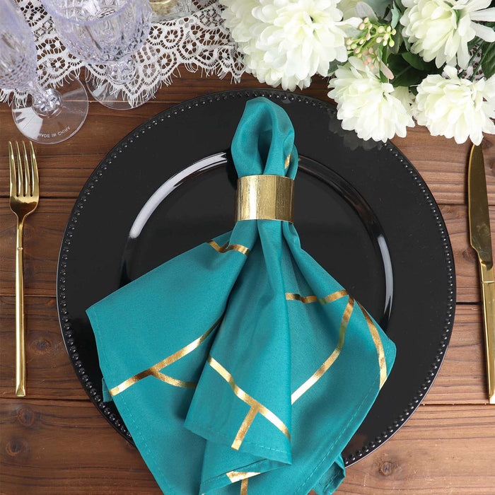 5 Pack | Teal With Geometric Gold Foil Cloth Polyester Dinner Napkins | 20x20inch