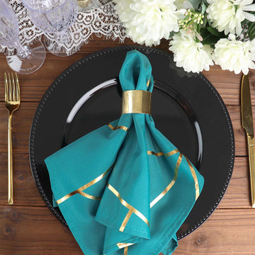 5 Pack Teal With Geometric Gold Foil Cloth Polyester Dinner Napkins 20"x20"