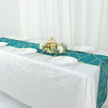 9ft Teal With Gold Foil Geometric Pattern Table Runner