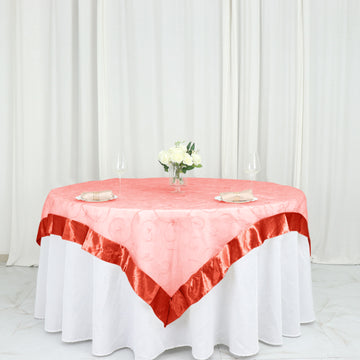 72"x72" Terracotta Embroidered Sheer Organza Square Table Overlay With Satin Edge