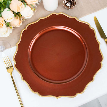 6 Pack 13" Terracotta (Rust) Gold Scalloped Rim Acrylic Charger Plates, Round Plastic Charger Plates