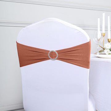 5 Pack | Terracotta Spandex Stretch Chair Sashes with Silver Diamond Ring Slide Buckle | 5"x14"
