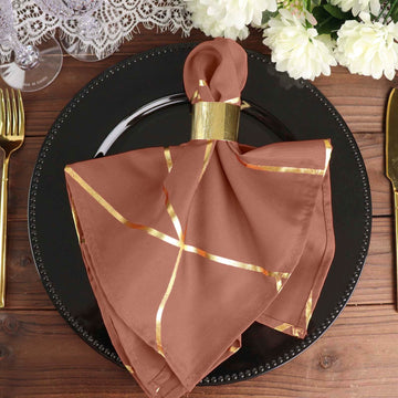 5 Pack Terracotta (Rust) With Geometric Gold Foil Cloth Polyester Dinner Napkins - 20"x20"