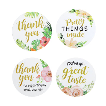 500pcs | 1.5" Thank You Themed Assorted Text Floral Stickers Roll, Labels For DIY Envelope Seal - Round