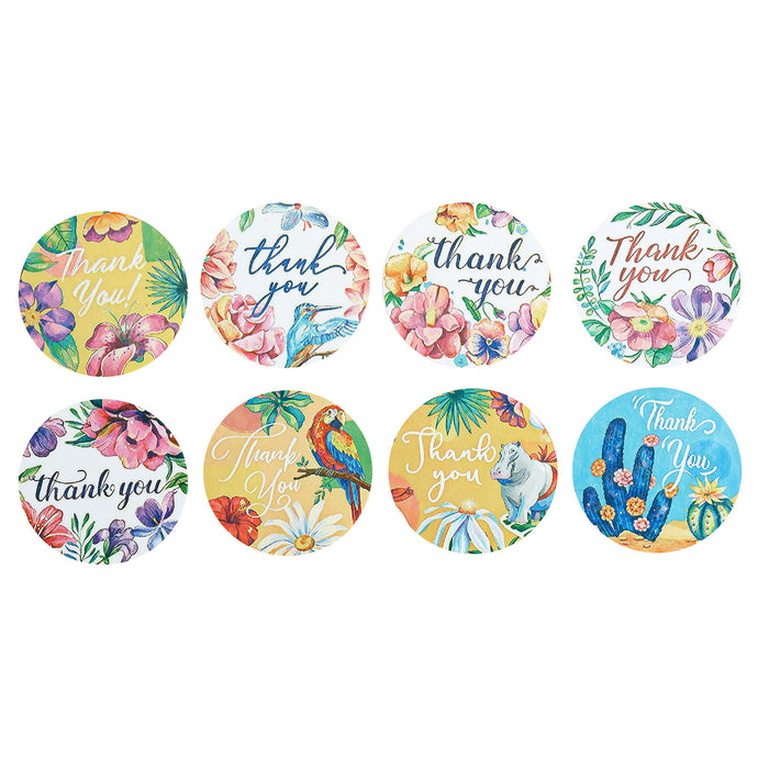 Round Thank You Stickers Roll with Tropical Floral Décor Styles, Envelope Seal Labels