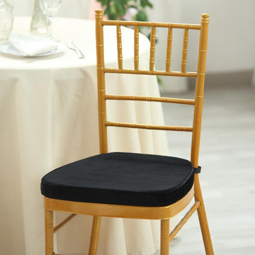 2" Thick Black Velvet Chiavari Chair Pad, Memory Foam Seat Cushion With Ties and Removable Cover