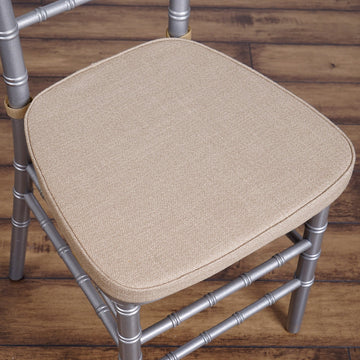 2" Thick Natural Burlap Chiavari Chair Pad, Soft Cushion With Ties and Removable Cover