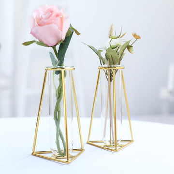 2 Pack 6" Triangular Gold Metal Frame Test Tube Bud Vases, Mini Geometric Wedding Centerpieces
