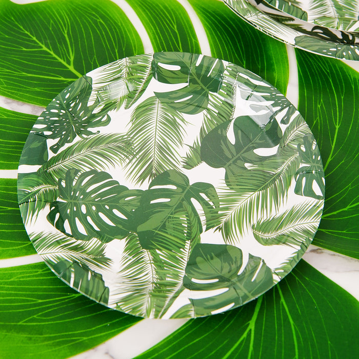 25 Pack | Tropical Palm Leaf Mix 7inch Dessert Disposable Paper Plates, Appetizer Salad Plates