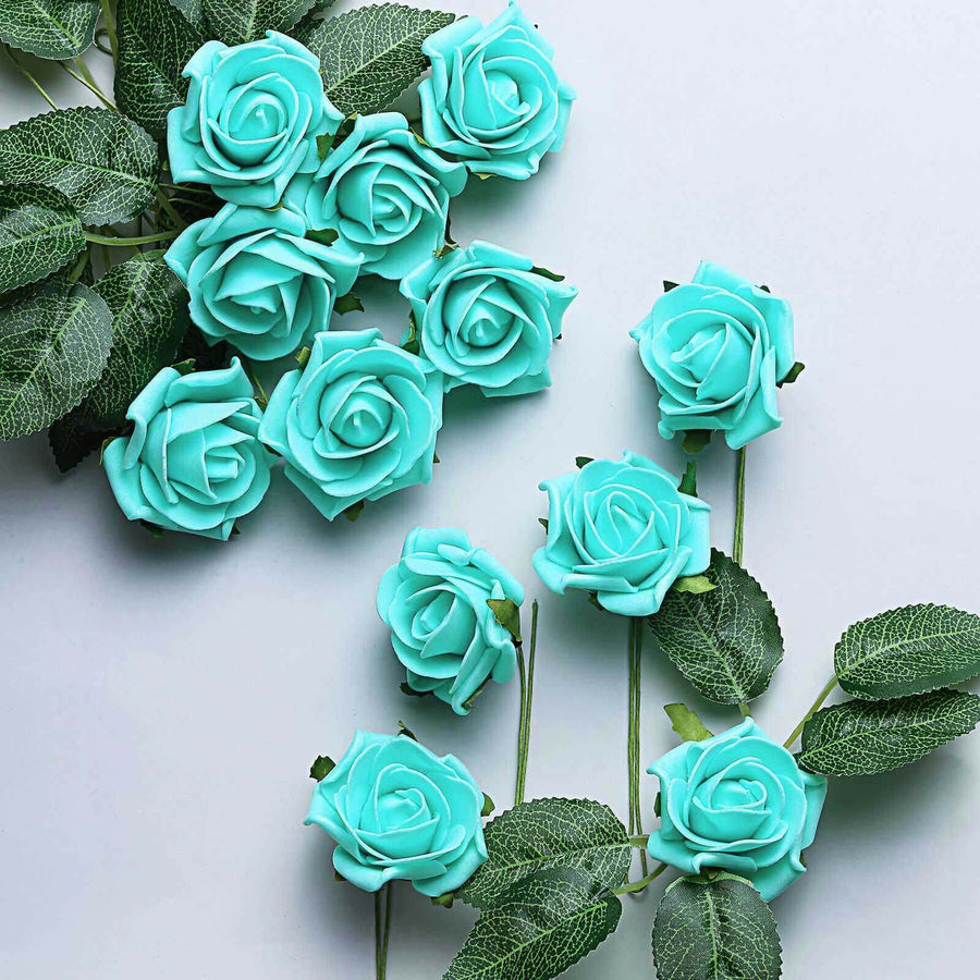 24 Roses | 2inchTurquoise Artificial Foam Flowers With Stem Wire and Leaves