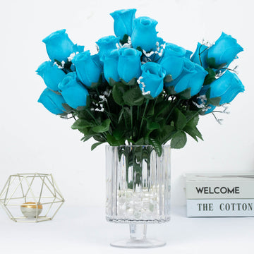 12 Bushes | Turquoise Artificial Premium Silk Flower Rose Bud Bouquets