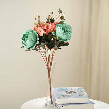 2 Bush Turquoise Artificial Silk Peony, Rose & Hydrangea Flower Bouquet