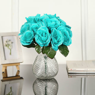 Turquoise Artificial Velvet-Like Fabric Rose Flower Bouquet Bush