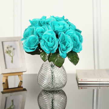 12" Turquoise Artificial Velvet-Like Fabric Rose Flower Bouquet Bush