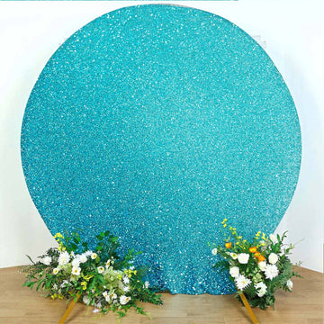 7.5ft Turquoise Metallic Shimmer Tinsel Spandex Round Wedding Arch Cover, 2-Sided Photo Backdrop