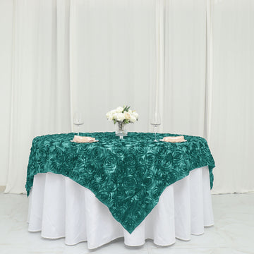 72"x72" Turquoise 3D Rosette Satin Square Table Overlay