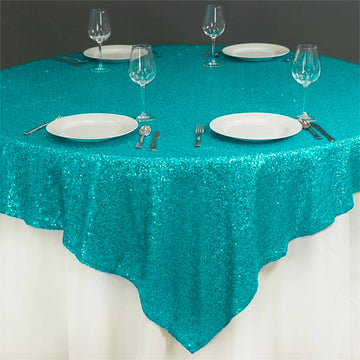 72"x72" Turquoise Sequin Sparkly Square Table Overlay