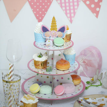 15" 3-Tier Unicorn Themed Cardboard Cupcake Dessert Stand Treat Tower