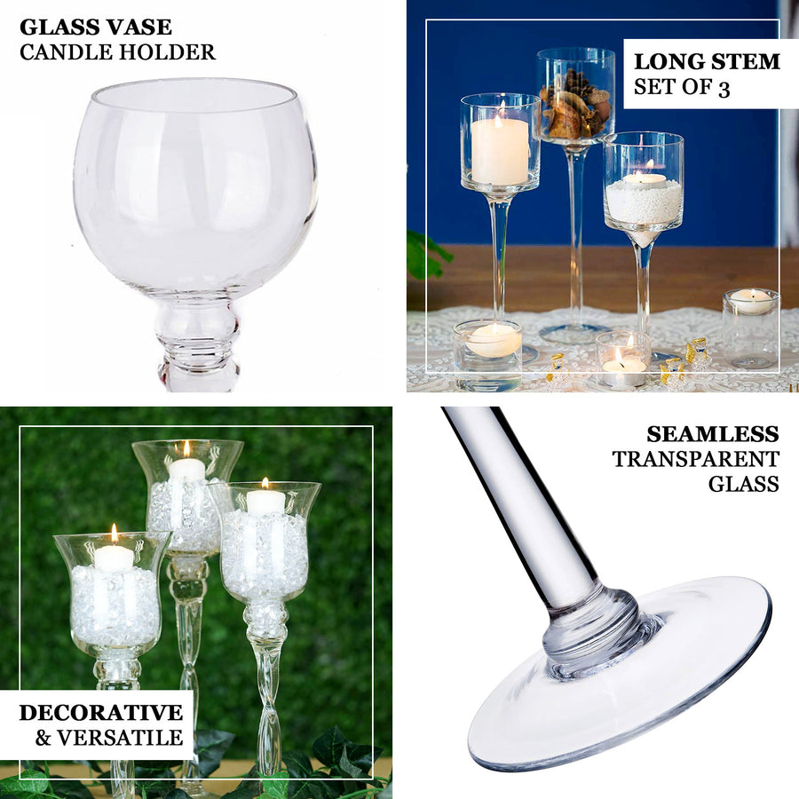 Set of 3 | Clear Long Stem Globe Glass Vase Candle Holder Set