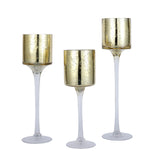 Set of 3 | Gold Long Stem Mercury Glass Cylinder Vase, Candle Holder Set#whtbkgd