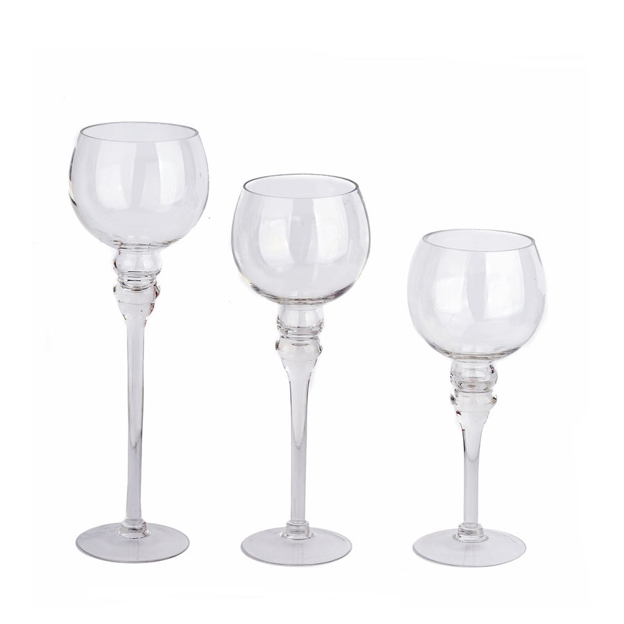 Set of 3 | Clear Long Stem Globe Glass Vase Candle Holders#whtbkgd