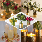3 Pack | 4inch Glass Cylinder Vases with Gold Honeycomb Base | Glass Candle Holders