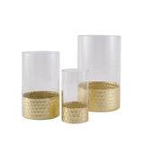 Set of 3 | Glass Cylinder Vases with Gold Honeycomb Base | Glass Candle Holders - 6" | 8" | 10"