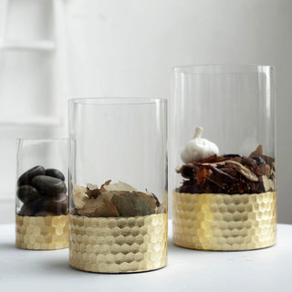Elegant Clear Glass Cylinder Vases with Gold Honeycomb Base