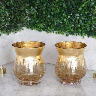 Gift the Beauty of Elegance with the 2 Pack | 6" Gold Curvy Bell Shaped Crackle Glass Hurricane Vase