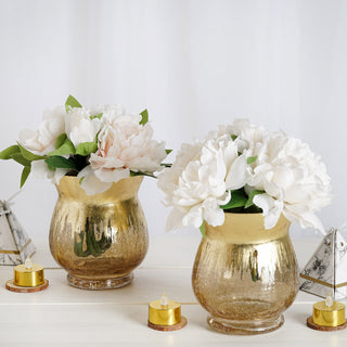 Elevate Your Event Decor with the 2 Pack | 6" Gold Curvy Bell Shaped Crackle Glass Hurricane Vase