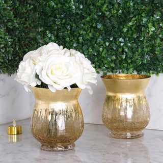 Add Elegance to Your Space with the 2 Pack | 6" Gold Curvy Bell Shaped Crackle Glass Hurricane Vase