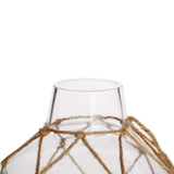 8" Tapered Neck Clear Glass Bud Vase | Flower Jar With Twine Net Accent and Metal Coin Tag
