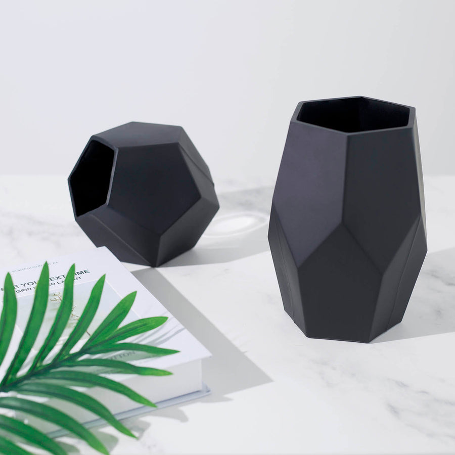 Set of 2 | Geometric Flower Vases, Matte Black Modern Glass Vases Table Centerpiece - 5inch | 8inch