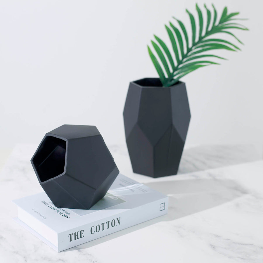 Set of 2 | Geometric Flower Vases, Matte Black Modern Glass Vases Table Centerpiece - 5inch | 8inch