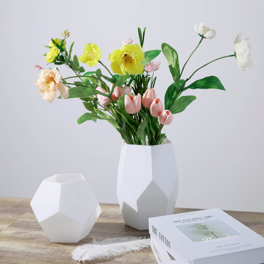 Set of 2 | Geometric Flower Vases, Matte White Modern Glass Vases Table Centerpiece - 5inch | 8inch