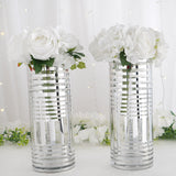 2 Pack - 11" Silver Striped Cylinder Glass Candle Holders Centerpieces