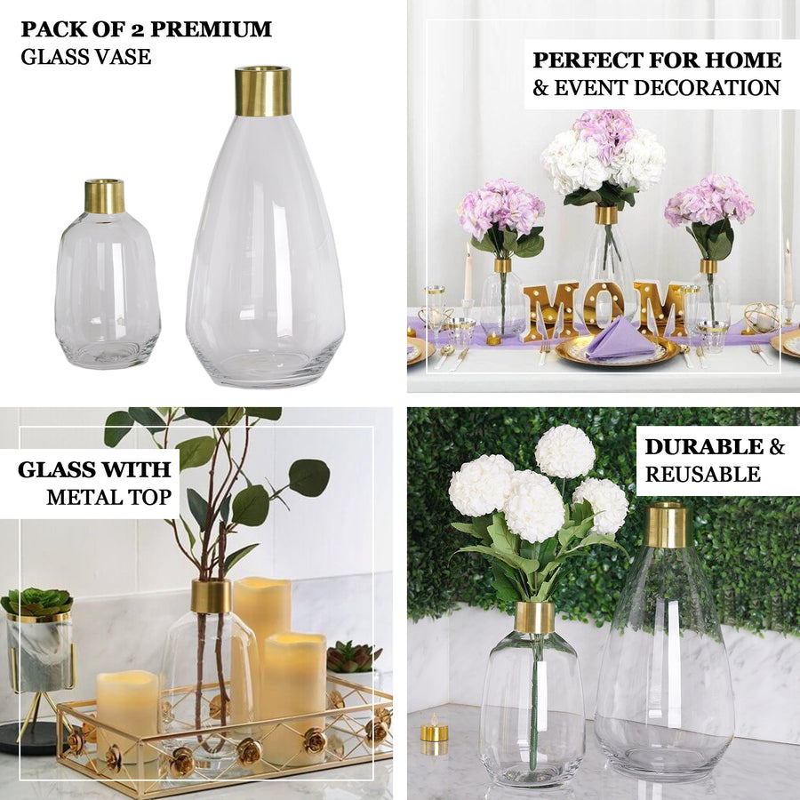 2 Pack 14" Clear Teardrop Glass Flower Vase with Gold Metal Top, Decorative Glass Jars