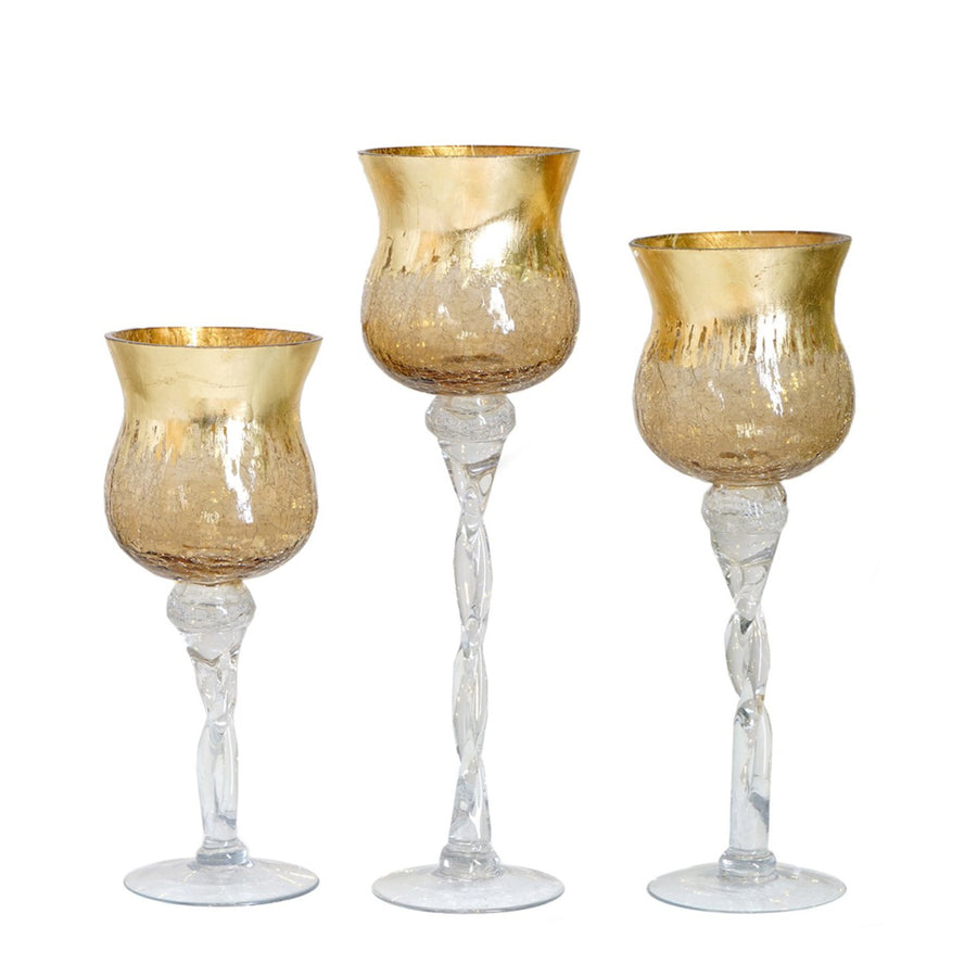 Set of 3 | Hurricane Long Stem Gold Foil Crackle Glass Vases Candle Holder Set - 16"/14"/12"#whtbkgd