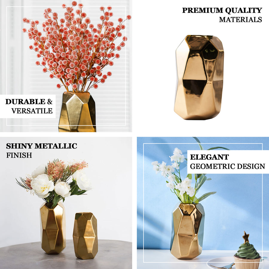 2 Pack | 6inch Gold Metallic Ceramic Vases Geometric Cylinder Vase