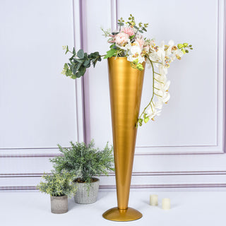 Add Elegance to Your Event with the 28" Tall Brushed Gold Metal Trumpet Flower Vase